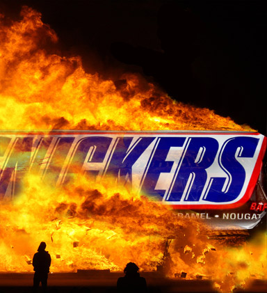A burning snickers effigy 