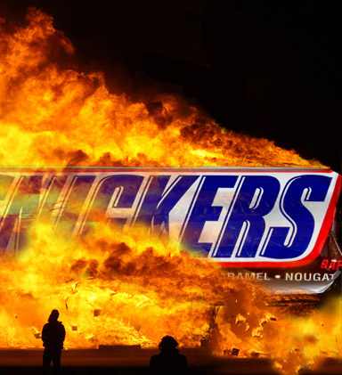 A burning snickers effigy