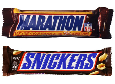 A Marathon bar and a (spit) Snickers